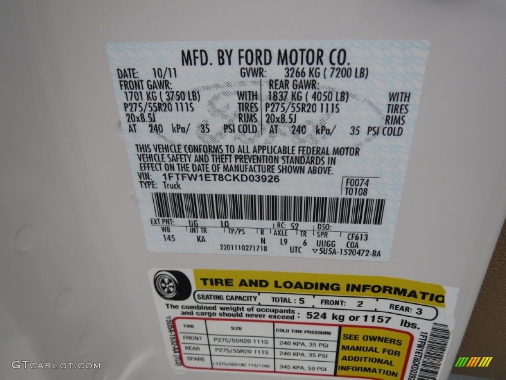 2012 F150 Color Code UG for White Platinum Metallic Tri-Coat Photo #73544133