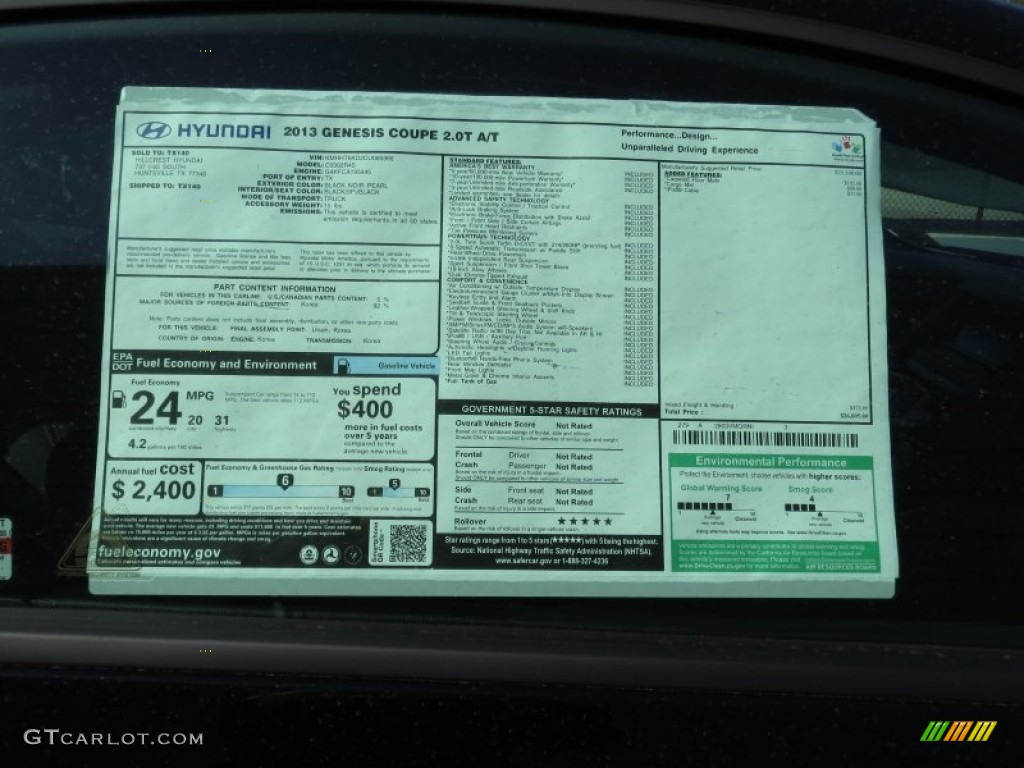 2013 Hyundai Genesis Coupe 2.0T Window Sticker Photo #73550812