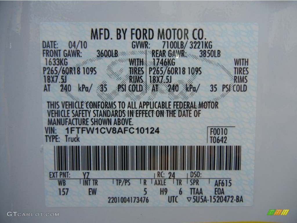 2010 F150 Color Code YZ for Oxford White Photo #73552064