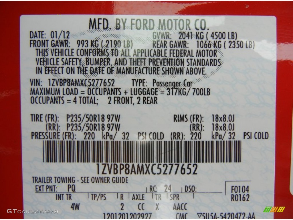 2012 Mustang Color Code PQ for Race Red Photo #73552701