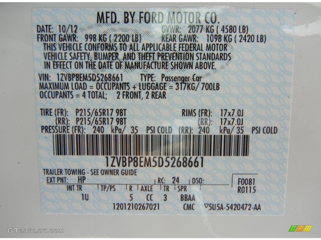 2013 Mustang Color Code HP for Performance White Photo #73559738