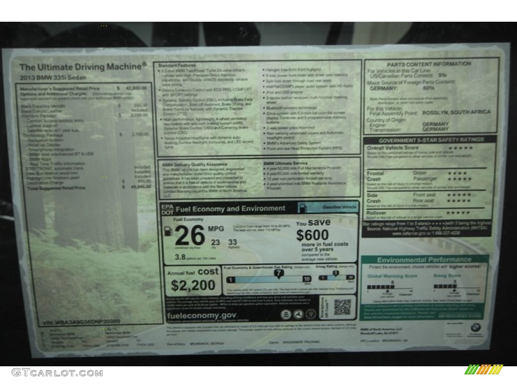 2013 BMW 3 Series 335i Sedan Window Sticker Photo #73561611
