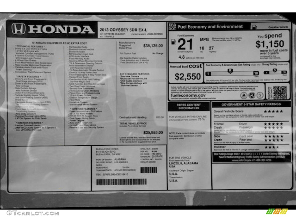 2013 Honda Odyssey EX-L Window Sticker Photo #73562714