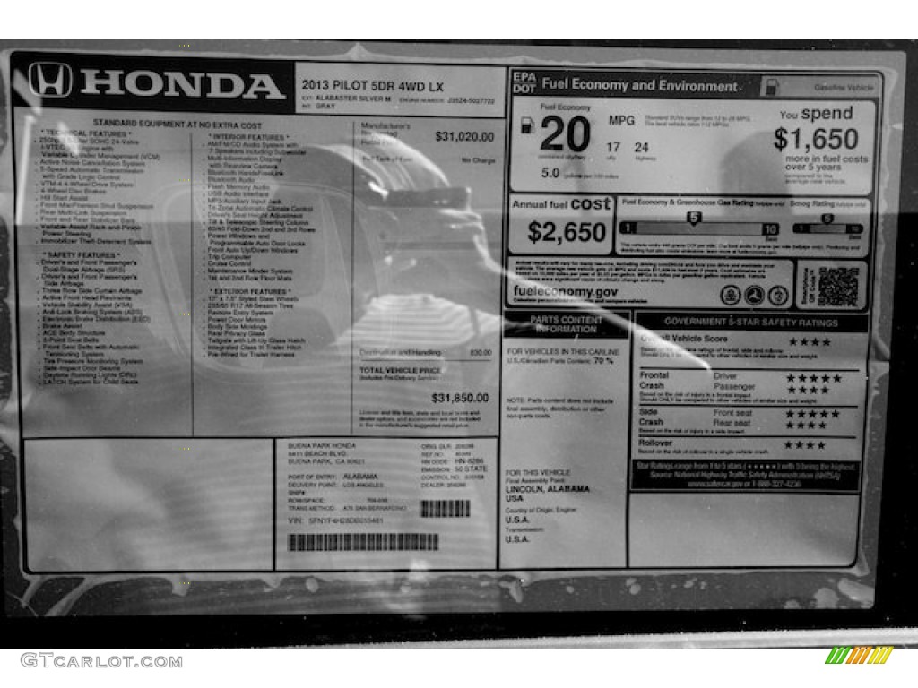 2013 Honda Pilot LX 4WD Window Sticker Photo #73563504