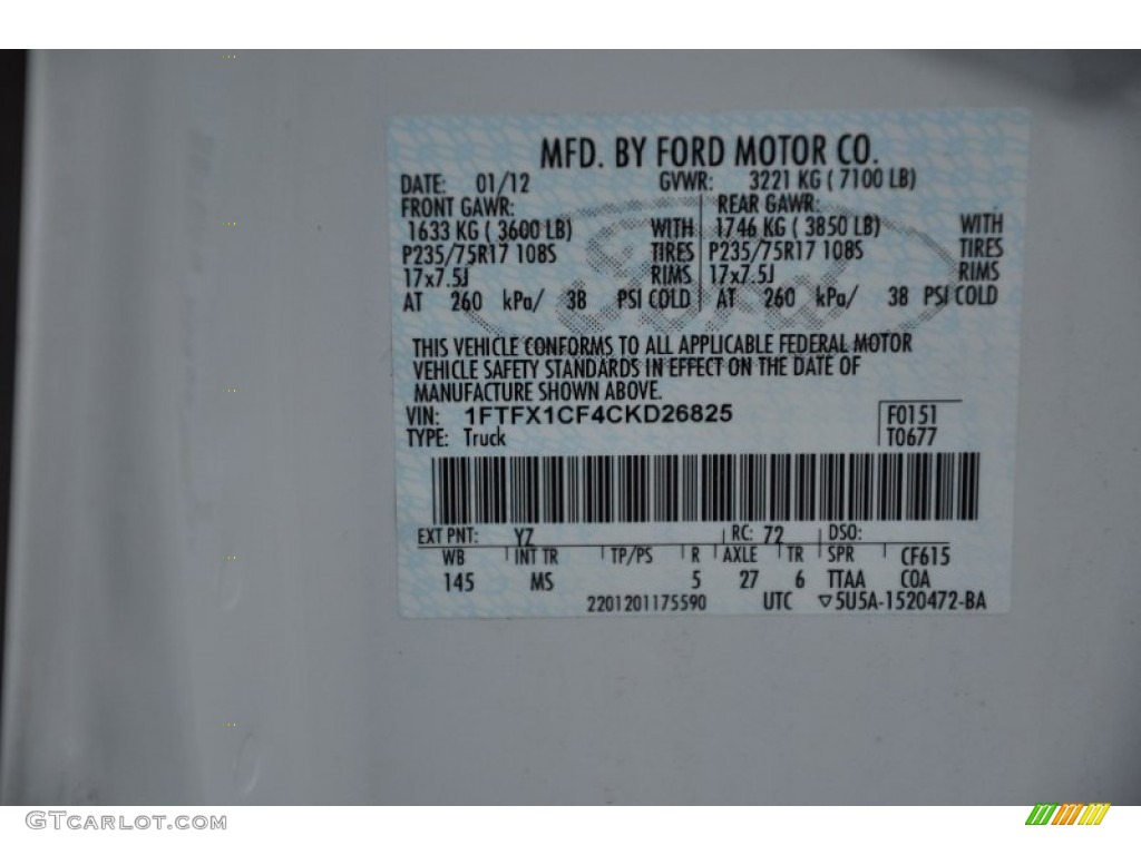 2012 Ford F150 XLT SuperCab Color Code Photos