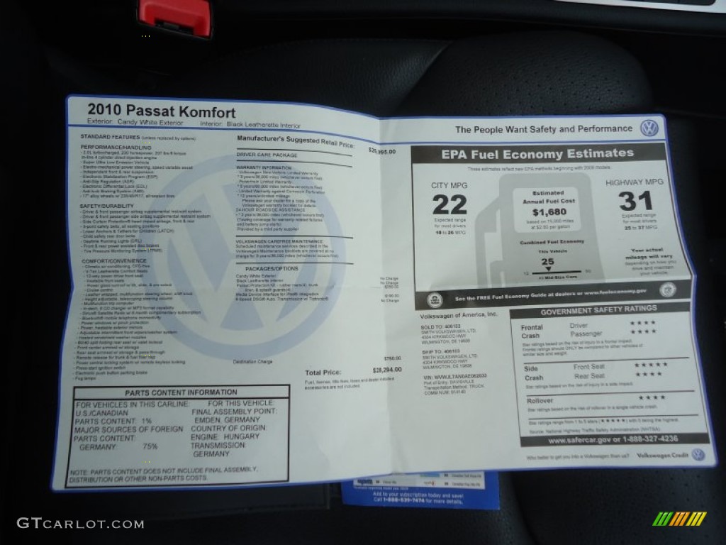 2010 Volkswagen Passat Komfort Sedan Window Sticker Photo #73587689