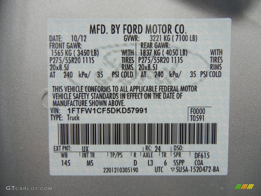 2013 F150 Color Code UX for Ingot Silver Metallic Photo #73589253