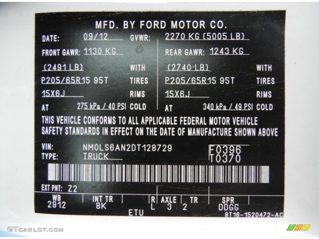 2013 Transit Connect Color Code Z2 for Frozen White Photo #73590113