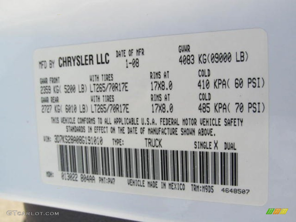 2008 Ram 2500 Color Code PW7 for Bright White Photo #73599904