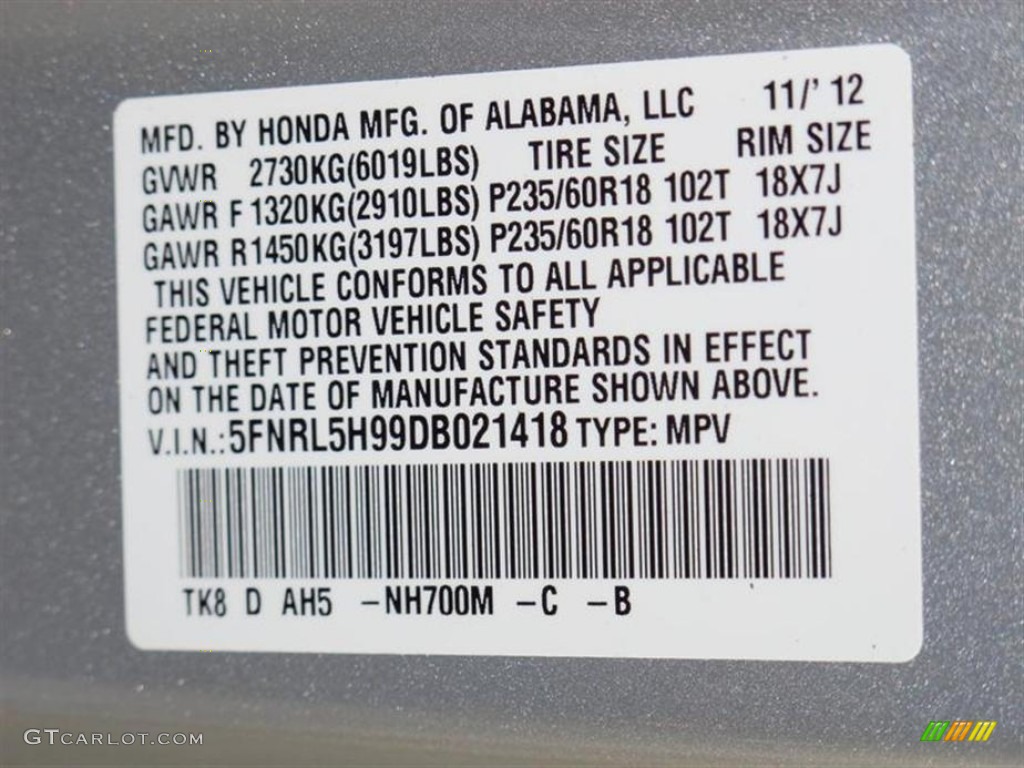 2013 Odyssey Color Code NH700M for Alabaster Silver Metallic Photo #73610846
