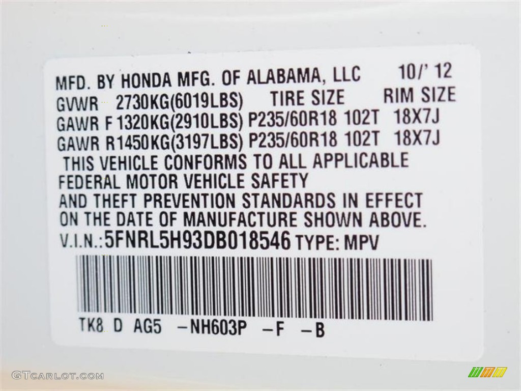 2013 Odyssey Color Code NH603P for White Diamond Pearl Photo #73611185