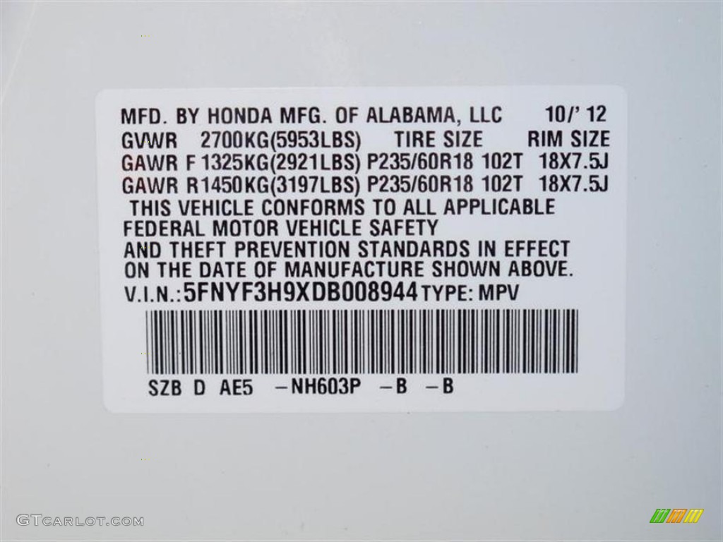 2013 Pilot Color Code NH603P for White Diamond Pearl Photo #73611842