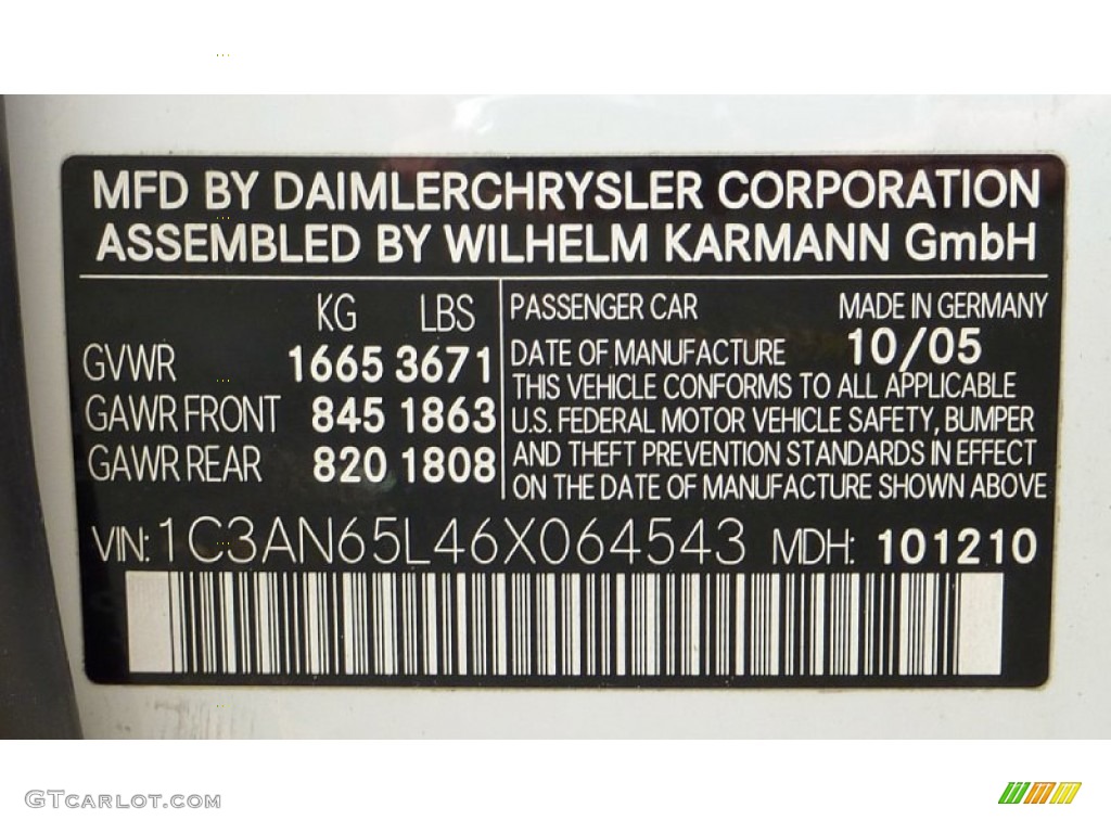 2006 Chrysler Crossfire Limited Roadster Info Tag Photos