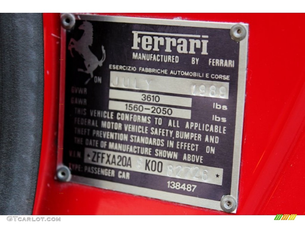 1989 Ferrari 328 GTS Info Tag Photo #73643823