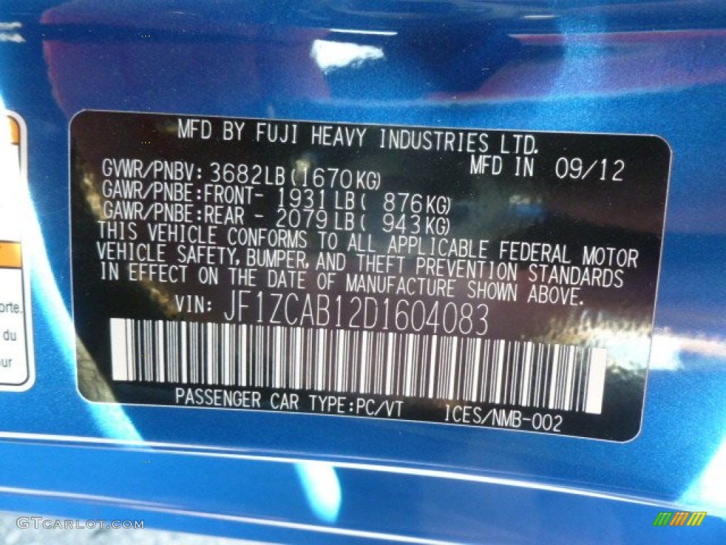 2013 Subaru BRZ Premium Info Tag Photos