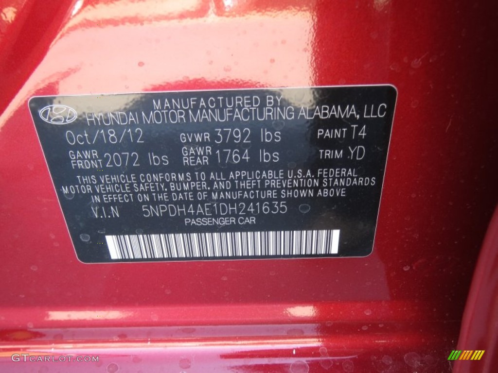 2013 Elantra Color Code T4 for Red Photo #73655361
