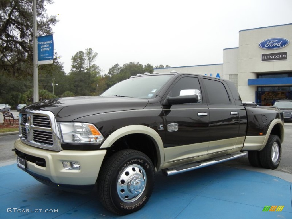 Rugged Brown Pearl 2011 Dodge Ram 3500 HD Laramie Longhorn Mega Cab 4x4 Dually Exterior Photo #73659354