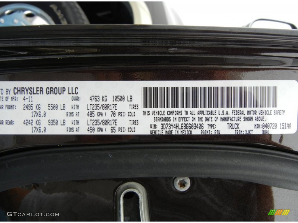 2011 Dodge Ram 3500 HD Laramie Longhorn Mega Cab 4x4 Dually Color Code Photos