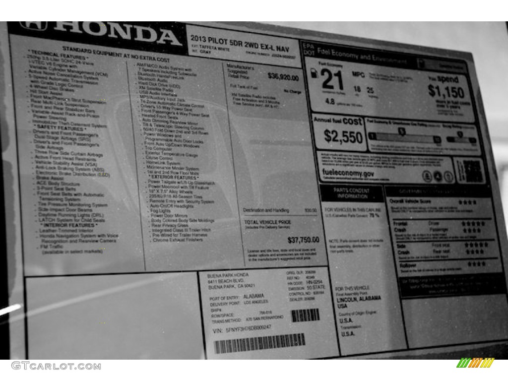 2013 Honda Pilot EX-L Window Sticker Photo #73678446