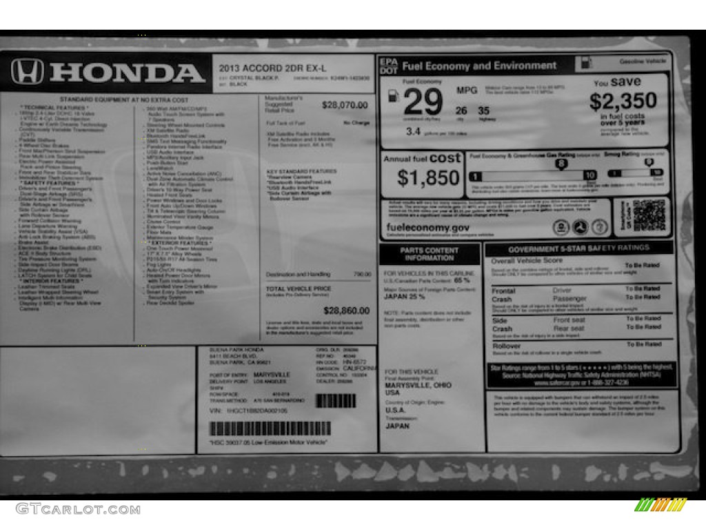 2013 Honda Accord EX-L Coupe Window Sticker Photo #73678935