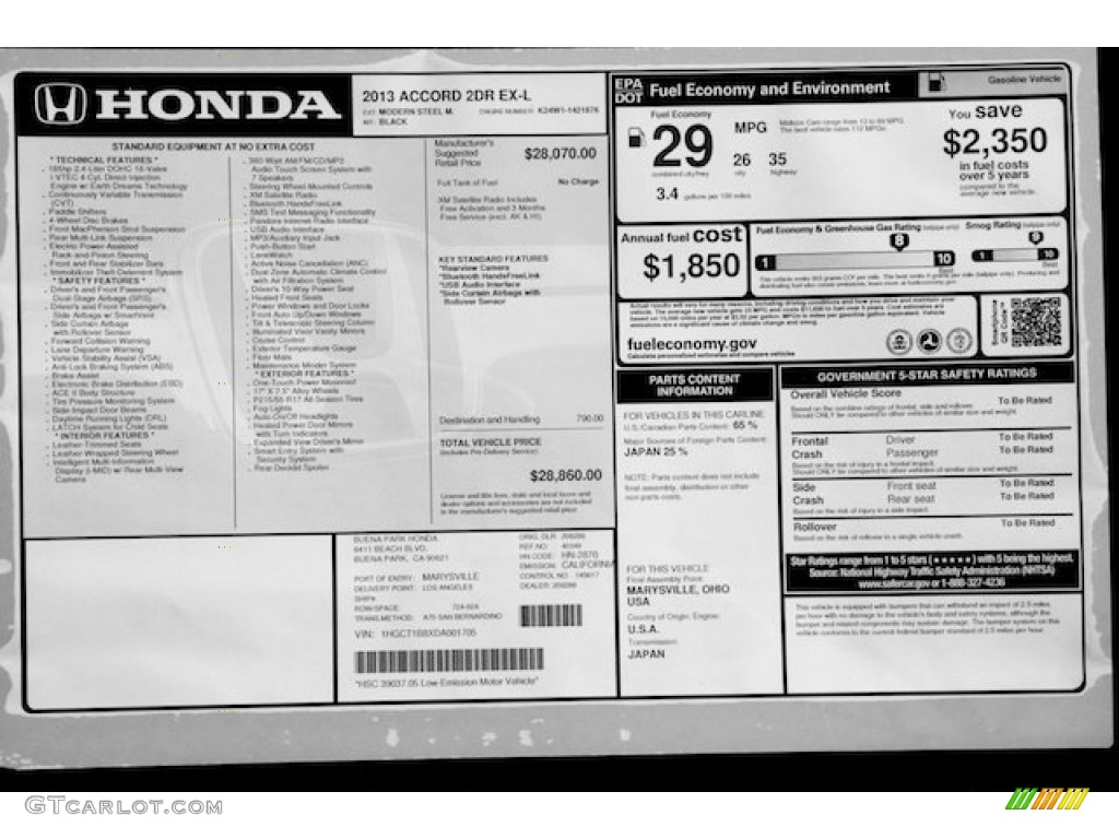 2013 Honda Accord EX-L Coupe Window Sticker Photo #73679424