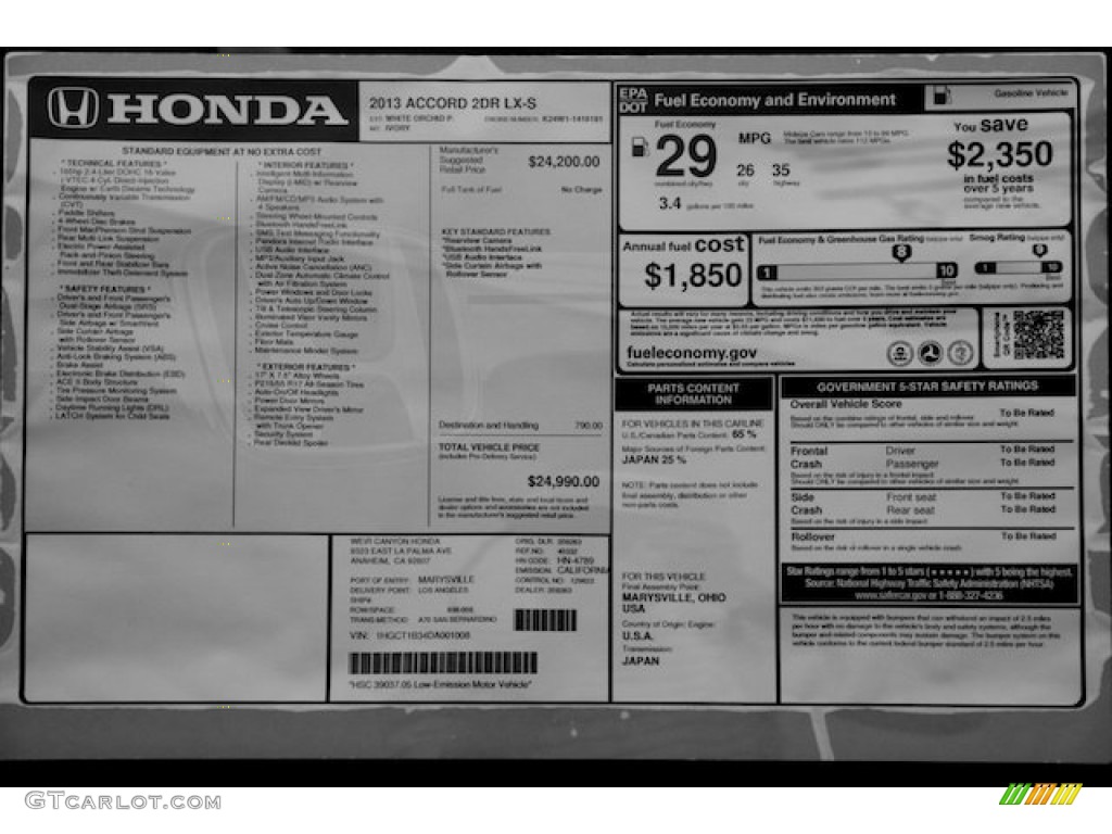 2013 Honda Accord LX-S Coupe Window Sticker Photo #73679575