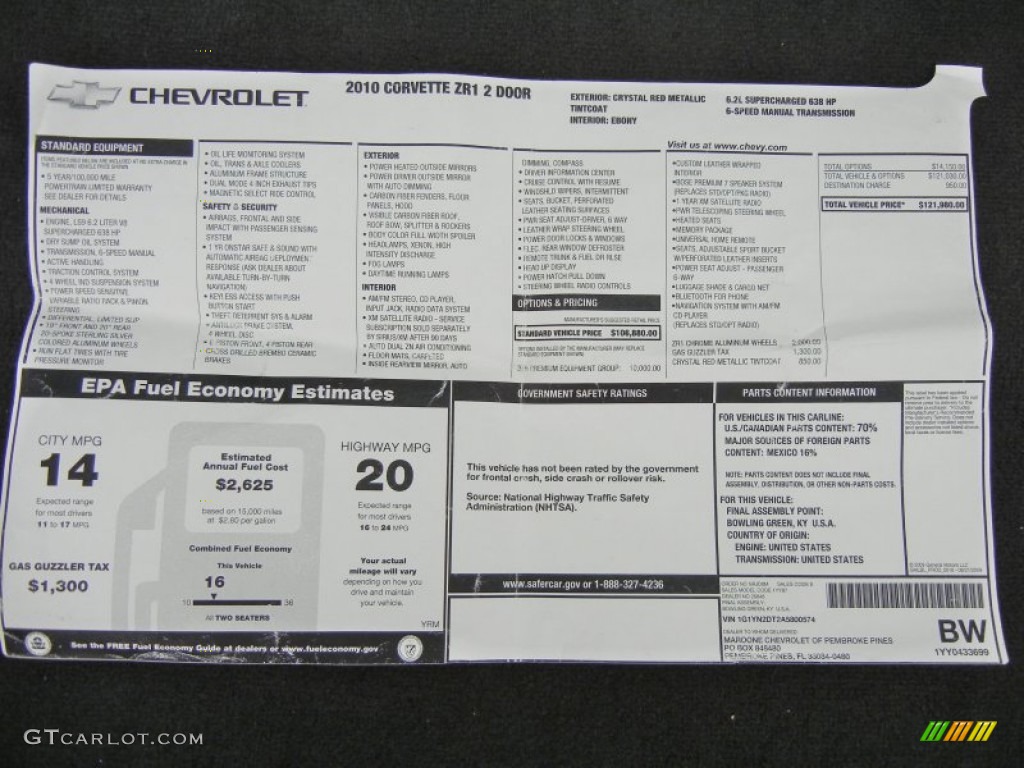 2010 Chevrolet Corvette ZR1 Window Sticker Photos