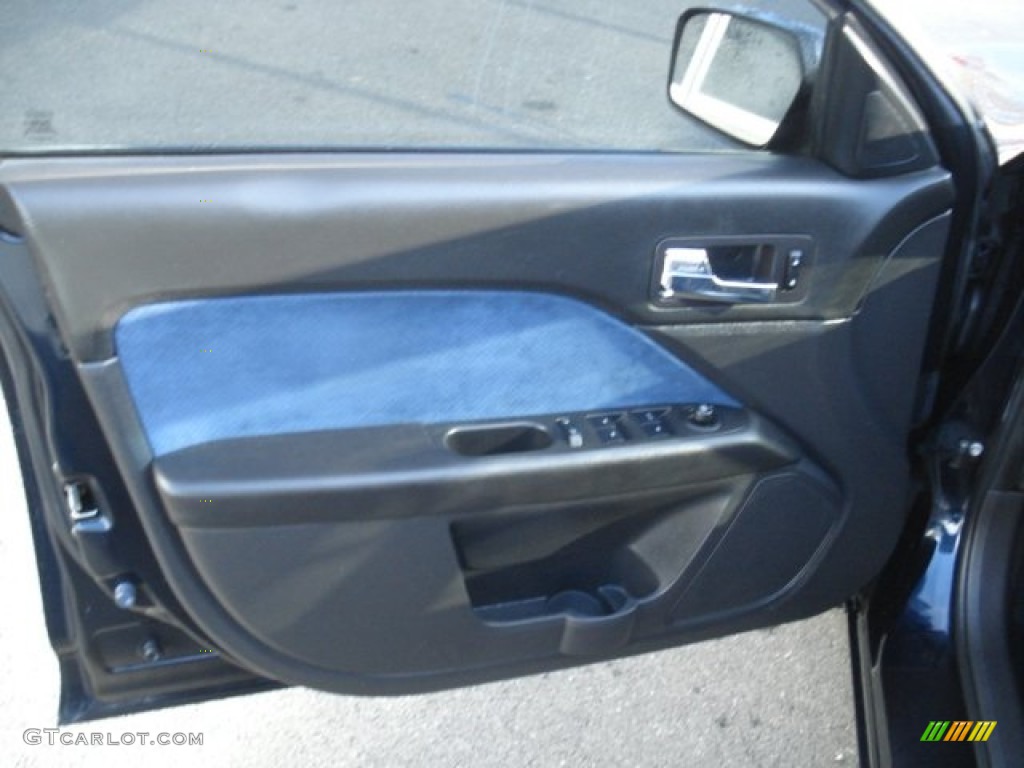 2009 Ford Fusion SE Blue Suede Alcantara Blue Suede/Charcoal Black Leather Door Panel Photo #73741802