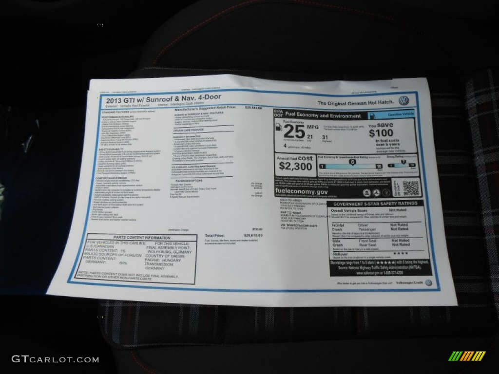 2013 Volkswagen GTI 4 Door Window Sticker Photo #73754479