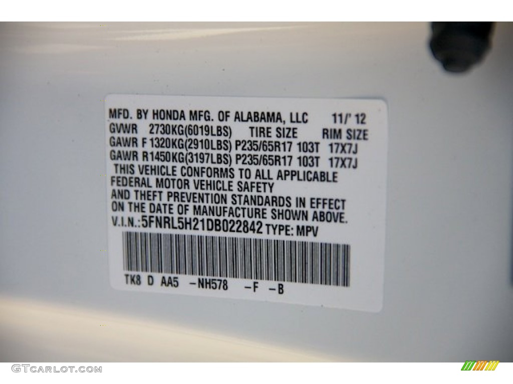 2013 Odyssey Color Code NH578 for Taffeta White Photo #73755427