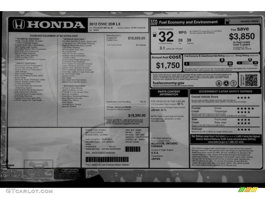 2012 Civic LX Coupe - Polished Metal Metallic / Gray photo #16