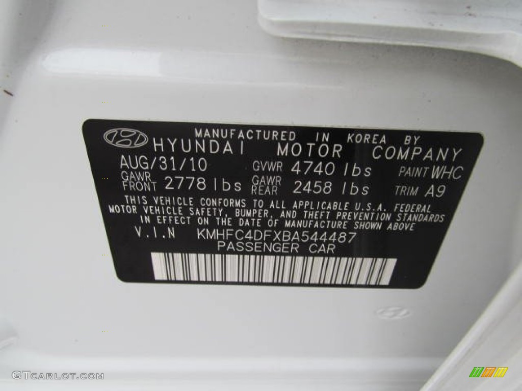 2011 Azera Color Code WHC for Porcelain White Pearl Photo #73766318