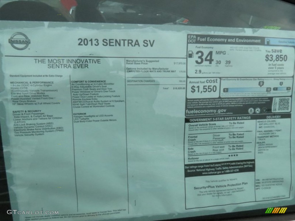 2013 Nissan Sentra SV Window Sticker Photo #73768904
