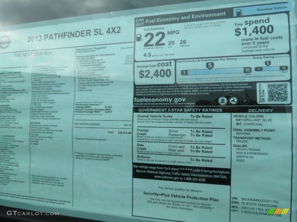 2013 Nissan Pathfinder SL Window Sticker Photo #73769405