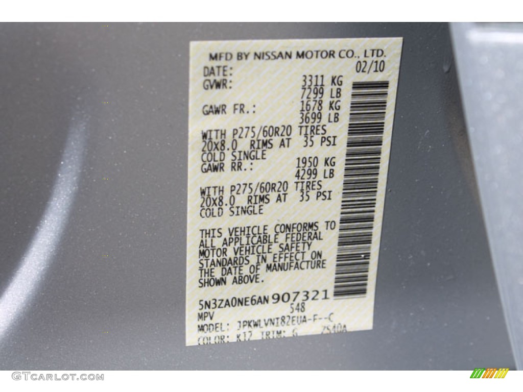 2010 QX Color Code K12 for Silver Indulgence Photo #73769870