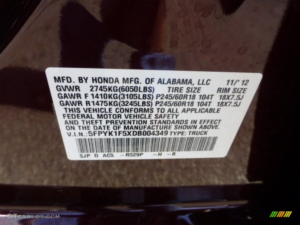 2013 Ridgeline Color Code R529P for Dark Cherry Pearl Photo #73785413