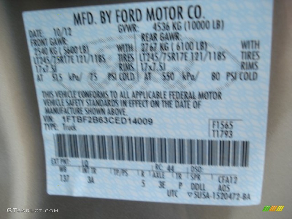 2012 Ford F250 Super Duty XLT Regular Cab 4x4 Color Code Photos