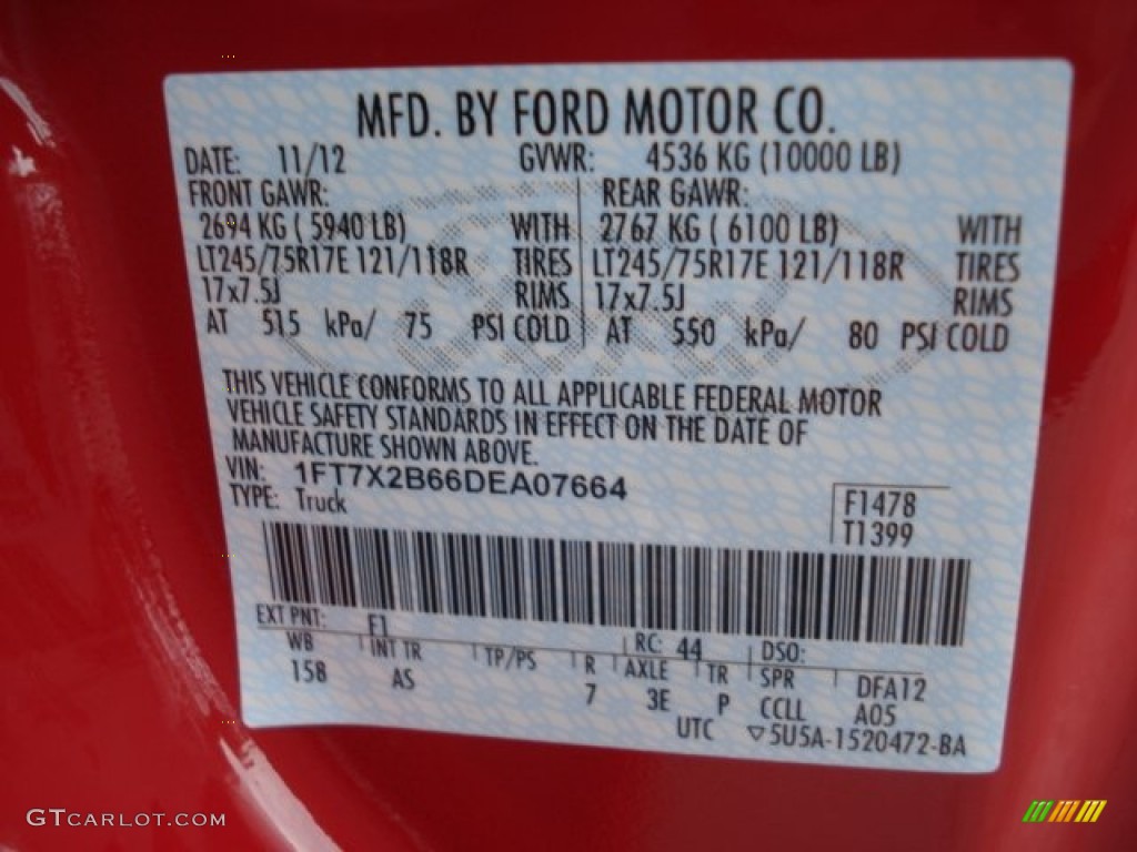 2013 F250 Super Duty Color Code F1 for Vermillion Red Photo #73788456