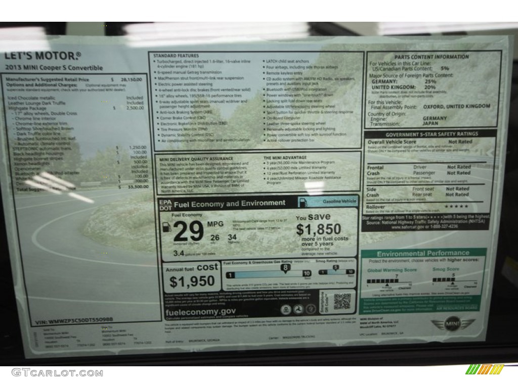 2013 Mini Cooper S Convertible Highgate Package Window Sticker Photo #73799579