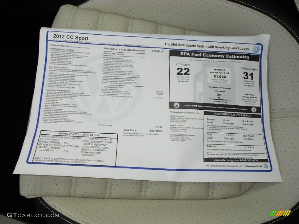 2012 Volkswagen CC Sport Window Sticker Photo #73802779