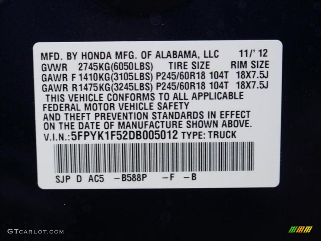 2013 Ridgeline Color Code B588P for Obsidian Blue Pearl Photo #73809401