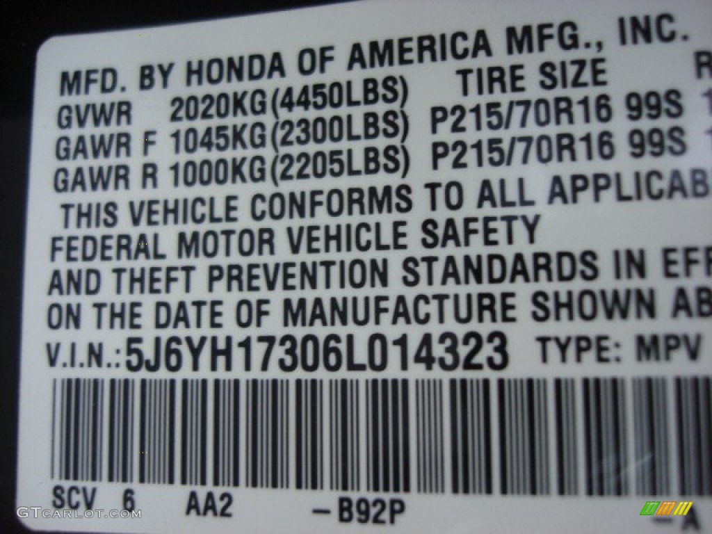 2006 Element Color Code B92P for Nighthawk Black Pearl Photo #73840533