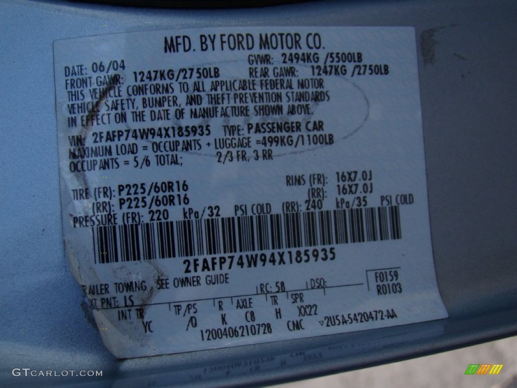 2004 Ford Crown Victoria LX Color Code Photos
