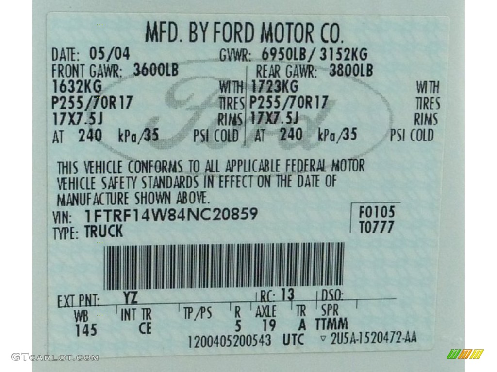 2004 Ford F150 XL Regular Cab 4x4 Color Code Photos