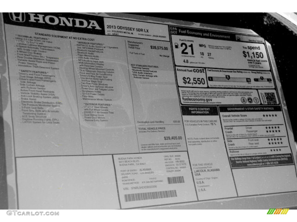 2013 Honda Odyssey LX Window Sticker Photo #73912902