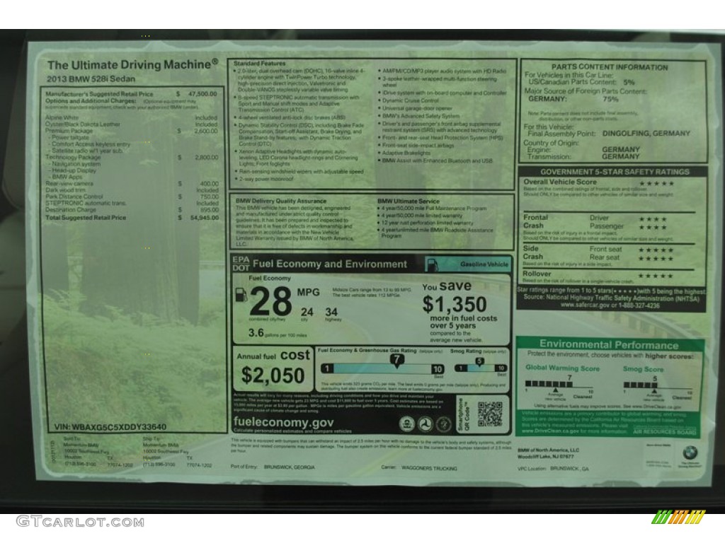 2013 BMW 5 Series 528i Sedan Window Sticker Photo #73938764