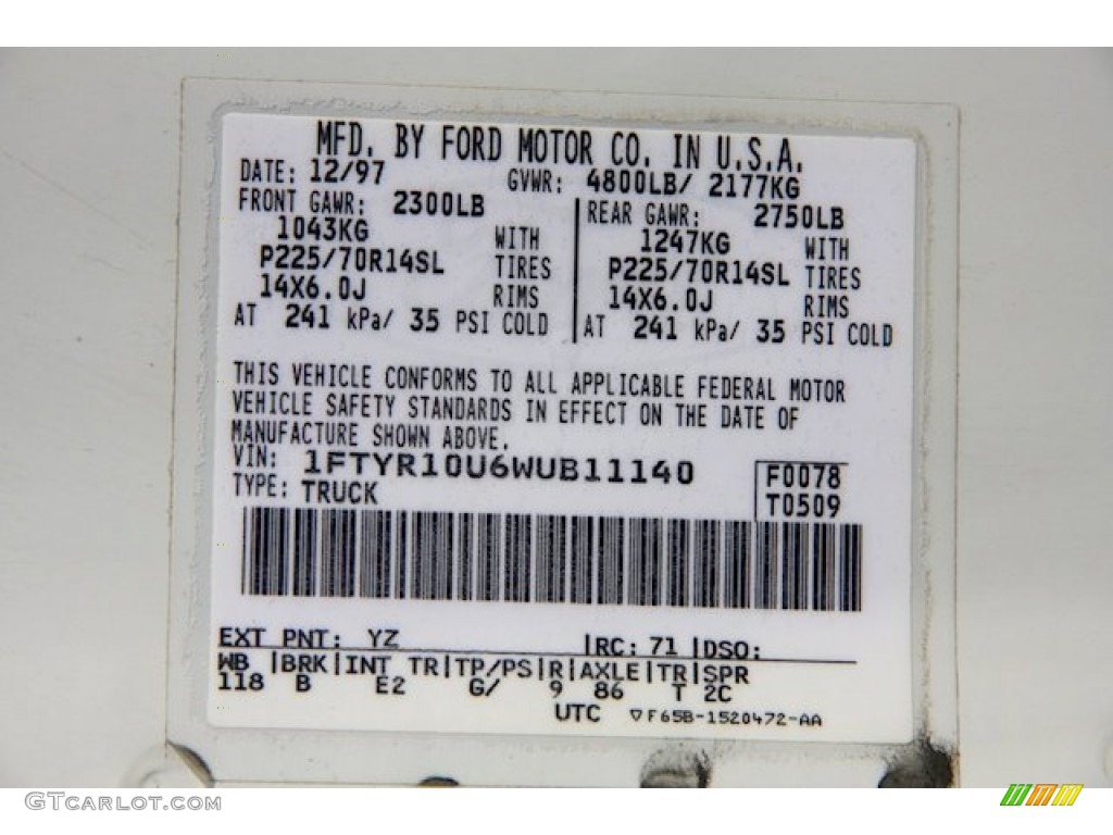 1998 Ford Ranger XLT Regular Cab Color Code Photos