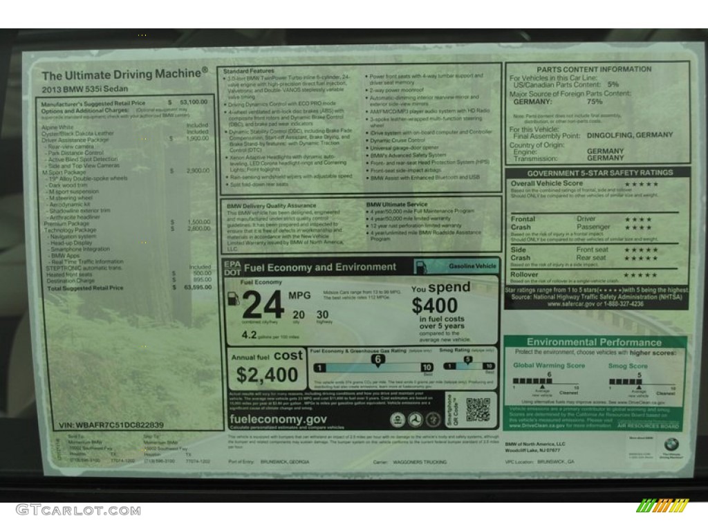 2013 BMW 5 Series 535i Sedan Window Sticker Photo #73942913