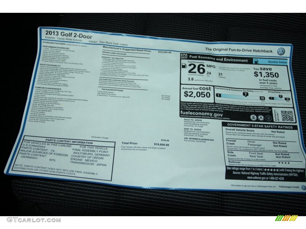 2013 Volkswagen Golf 2 Door Window Sticker Photo #73951148