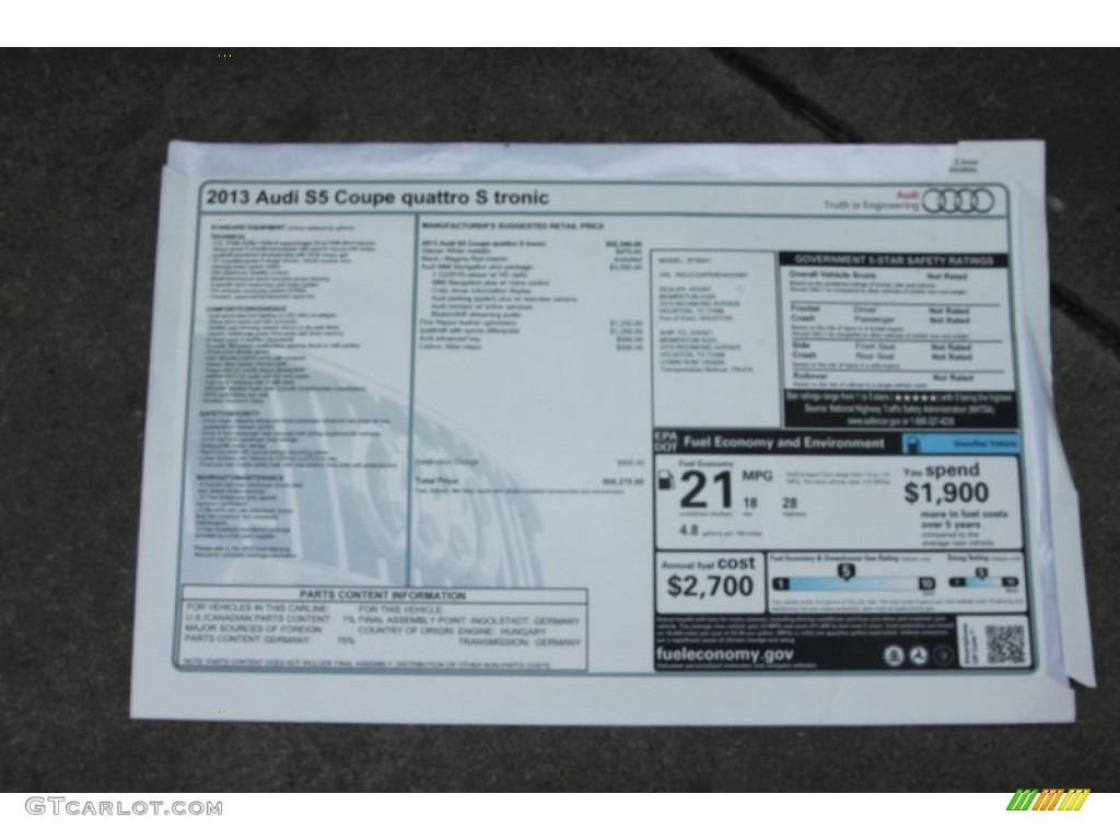 2013 S5 3.0 TFSI quattro Coupe - Glacier White Metallic / Black/Magma Red photo #23